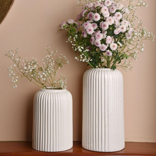 White Ribbed Vases - Set of 2