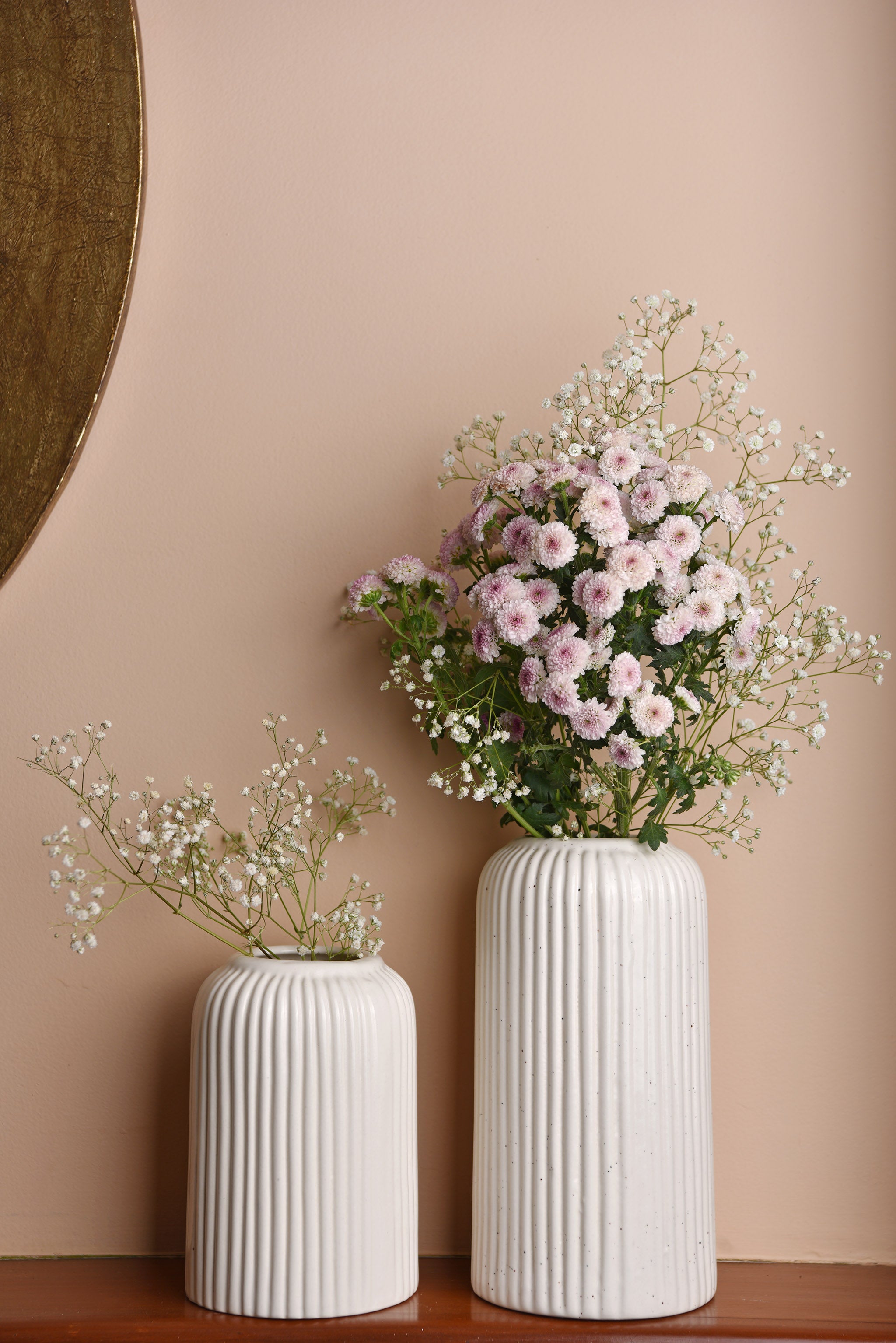 White Ribbed Vases - Set of 2