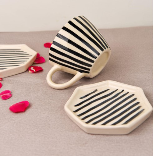 Black Striped Mugs & Saucers